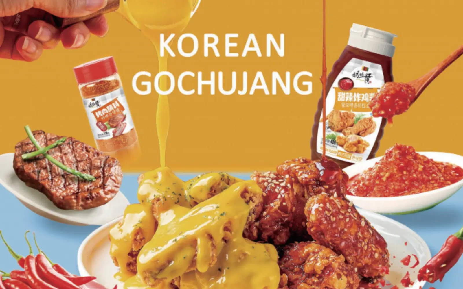 Korean fried chicken sauces, gochujang and seasoning products